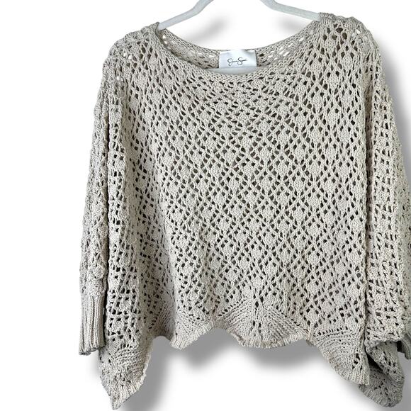 Jessica Simpson Cream Crochet Open Knit Boat Neck Bat Wing Sweater Small - Picture 3 of 6